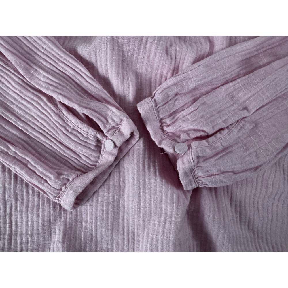 J. Crew Blouse 1/2 Button Popover Pink Ruffle Smocked Crinkle Gauze Size Medium - Picture 6 of 14